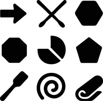 Collection of nine distinct black geometric and abstract icons on a white background vector
