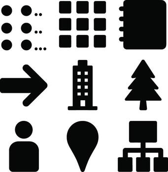 A collection of nine distinct black icons representing common digital interface elements and concepts vector