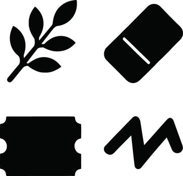 Collection of four simple black icons representing a branch eraser ticket and abstract shape vector