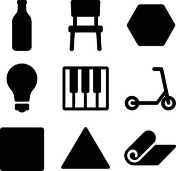 Collection of nine distinct black silhouette icons representing everyday objects and shapes vector