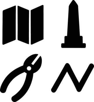 colección de cuatro distinto negro íconos en un blanco antecedentes incluso un mapa obelisco alicates y zigzag línea vector
