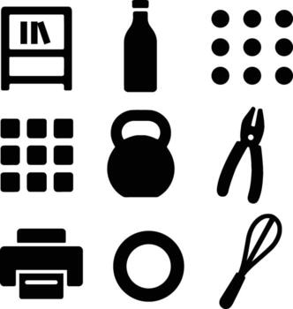 Collection of nine distinct black silhouette icons representing everyday objects and tools on a white background vector