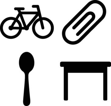 Simple black icons of a bicycle paperclip spoon and table on a white background vector