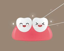 adorable dientes disfrutando limpieza con hilo dental hora con espumoso sonrisas vector