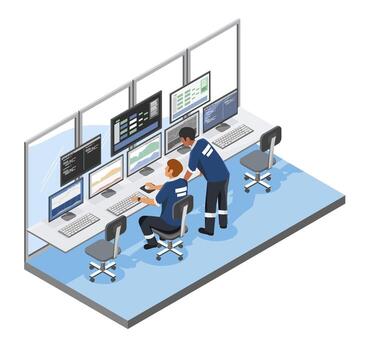 isometric data center control room engineering team monitoring real-time server performance and system analytics in a high-tech vector