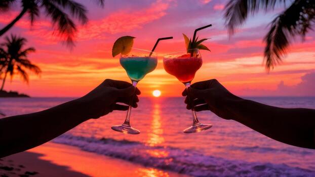 Colorful cocktails at sunset beach photo