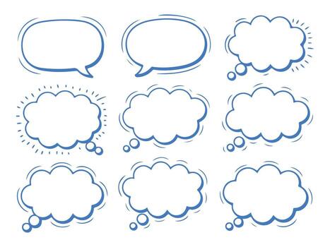 Collection of Hand Drawn Speech Bubbles and Thought Clouds in Blue for Design and Creative Communication Elements vector