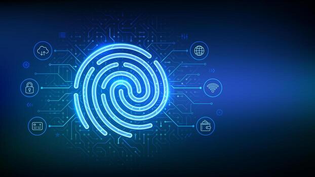 Personal data protection. Biometrics identification. Fingerprint icon on circuit board pattern background. Cyber security. Password control. Fingerprint scan. Password control. vector