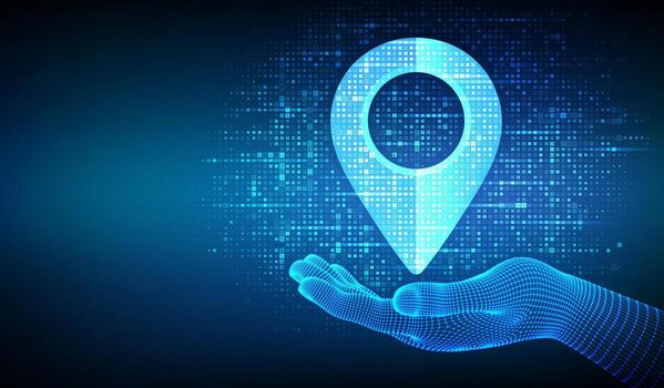 punto de ubicación icono hecho con binario código en estructura metálica mano. puntero de mapa. GPS puntero. navegación alfiler punto global posición sistema símbolo. digital antecedentes con dígitos vector