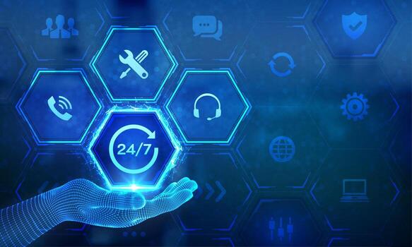 Digital hand with 24/7 support icons vector