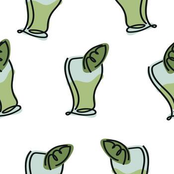 seamless pattern with rectangular mojito glasses in line art style drawn with multiple lines and abstract spots, for packaging, textiles or websites vector
