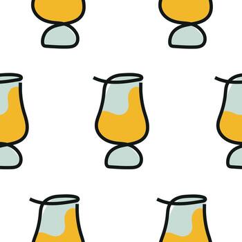 seamless pattern with round glasses for drinks in line art style drawn with several lines and yellow abstract spots, for packaging, textiles or websites vector