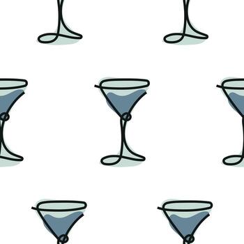 seamless pattern with decorative martini glasses in line art style drawn with multiple lines and abstract blue spots, for packaging, textiles or websites vector