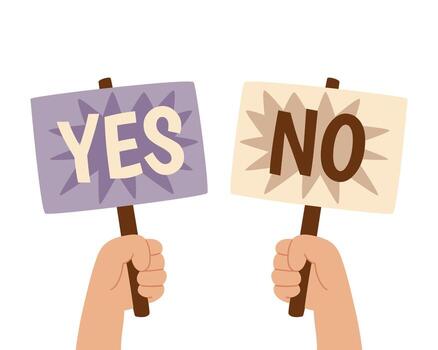 Flat illustration of two hands holding YES and No signs. Decision-making, vector