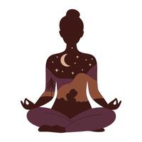 minimalista ilustración de un mujer meditando en loto pose, presentando un doble exposición vector