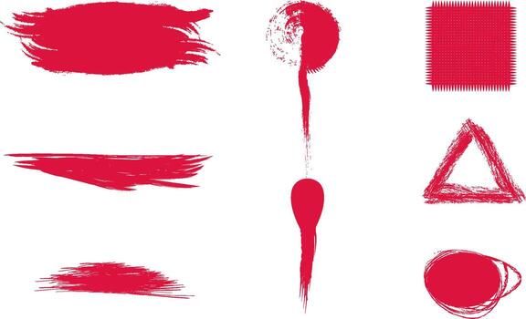 un colección de varios rojo cepillo golpes y geométrico formas lata ser visto, exhibiendo artístico texturas y patrones adecuado para diseño aplicaciones y creativo trabajo vector