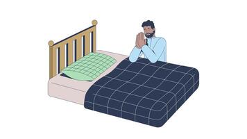 negro hombre en oración con cerrado ojos a cama 2d personaje animación. religioso devoción. africano americano masculino Orando manos abrochado arrodillado animado persona dibujos animados 4k aislado en blanco video