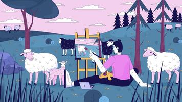artista pintura oveja en naturaleza lofi animación dibujos animados fondo de pantalla. masculino pintor sentado al aire libre con perro en regazo, rural caballete lienzo. lo fi 2d animado antecedentes 4k . concepto frío estético video