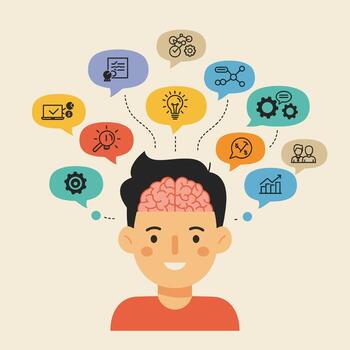 Cartoon character with ideas above head vector