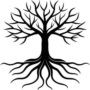 Stylized black tree with exposed roots and branches design. vector