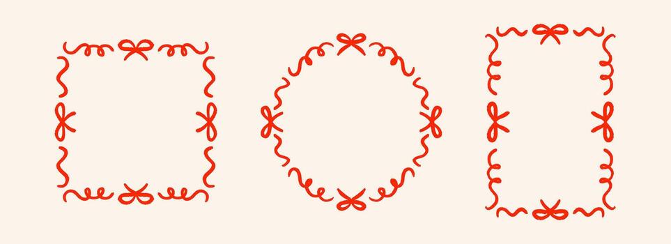 rojo mano dibujado arco marco colocar. ondulado cinta frontera recopilación. círculo, cuadrado y rectángulo garabateado caja haz para invitación plantilla, póster, bandera. coqueta bosquejo cuadro paquete vector