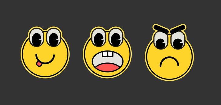 Unique cartoon emoji faces with big round eyes, each expressing different human emotions in a playful, exaggerated style. The yellow emoticons feature oversized eyes that make them stand out vector