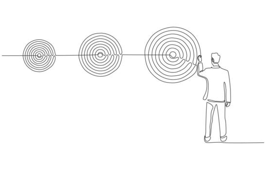 continuo uno línea dibujo de empresario dibujo metas desde pequeño a grande, simbolizando determinación, planificación, y ambición para negocio progreso, soltero línea Arte vector
