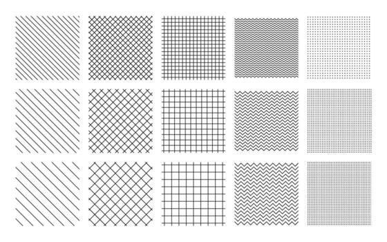 Set of 15 patterns with diagonal lines, grid and dotted shapes vector