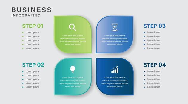 moderno 4 4 paso redondeado cuadrado negocio infografía con íconos y degradado colores vector