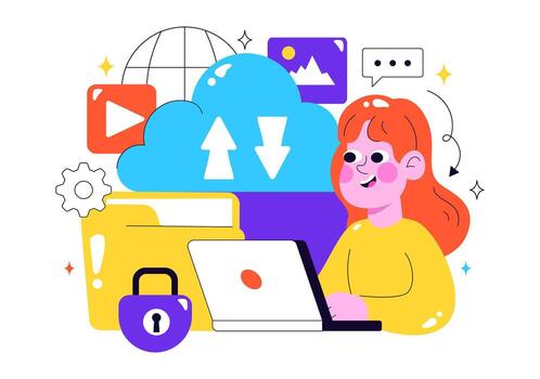 nube informática ilustración presentando archivo intercambio, datos centro, y Internet red en plano estilo antecedentes vector