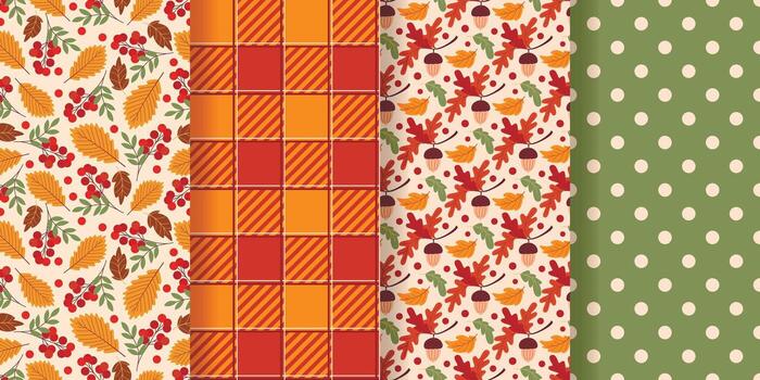 conjunto de acogedor otoño sin costura patrones. otoño antecedentes con bellotas, serbal bayas, hojas, a cuadros y punteado. colección de huellas dactilares con otoño estado animico para textiles, papel, embalaje y telas, gráficos vector