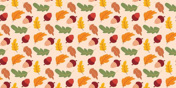 Cozy autumn background with acorns and leaves. Natural seamless pattern of autumn forest. Fall print for textile, fabric, paper, design, graphic vector