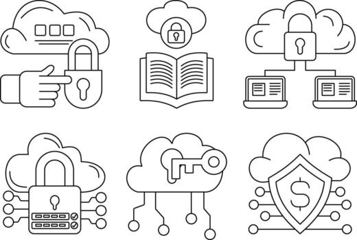 nube seguridad y intimidad icono conjunto presentando cerrar con llave, llave, proteger, red, datos proteccion, y seguro nube almacenamiento. editable ataque, fácil a personalizar vector