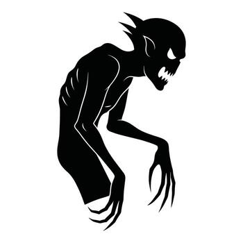 Black silhouette of a menacing creature with sharp teeth and claws monster white vector