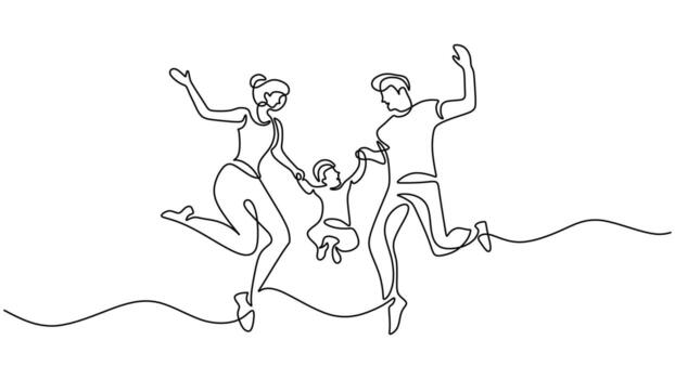 Together in Joy. Happy Family Jumping One Line Drawing for Fun and Connection vector