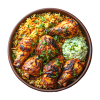 Grilled chicken drumsticks served with seasoned rice in a bowl on transparent background png