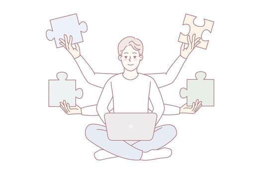 hombre trabajando en ordenador portátil resolver negocio problema vector