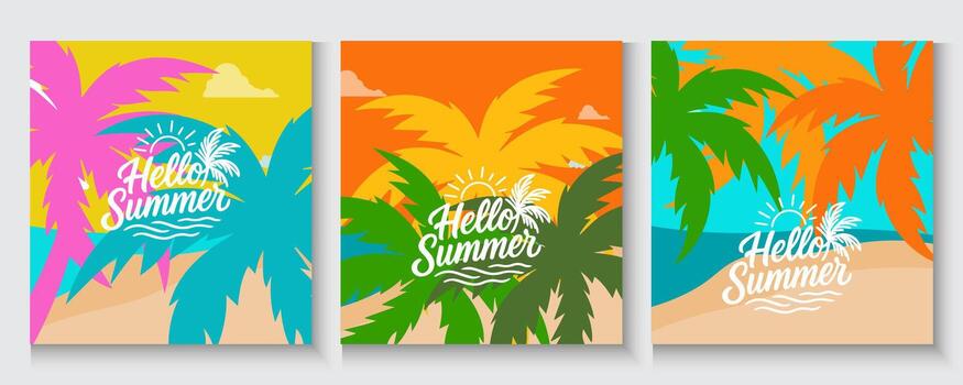 hello summer card set with palm trees in colorful background vector