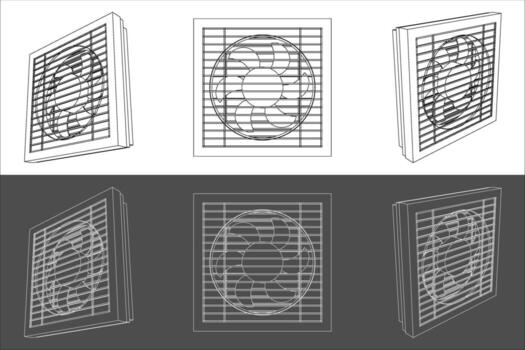 Exhaust Fan Line Drawing Set from three different angles vector
