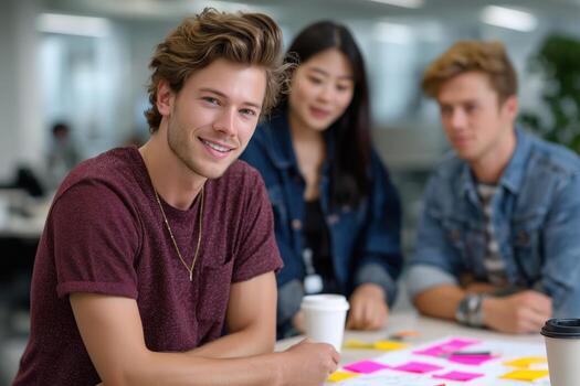 Young man smiling at camera with diverse colleagues in background people team photo