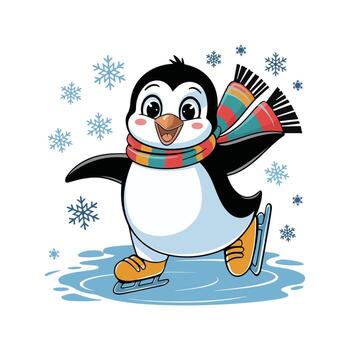 penguin skating on ice with snowflakes vector