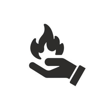 palm holding a fire flame icon, hand burn, flat symbol editable stroke illustration vector