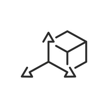 3D space modeling icon, tridimensional coordinate spaces XYZ, cube with arrows, thin line symbol on white background editable stroke illustration vector