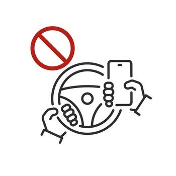 icono de utilizando un teléfono mientras conducción es prohibido, detener direccion rueda con móvil, Delgado línea símbolo en blanco antecedentes editable carrera ilustración eps10 vector