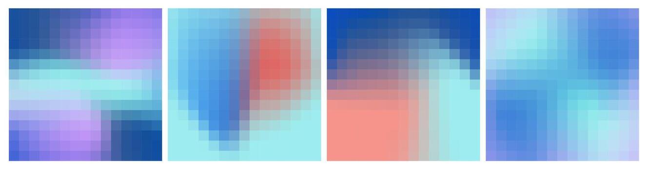Set of pixelated gradient square. Multicolored pink mesh 8 bit background. Blur blue effect shapes mosaic. vector