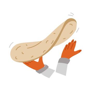 The chef's hands are tossing and stretching the pizza dough. Professional pizza rolling. Flat color isolated illustration. Pizza making process. The dough is spinning in the air with a person's hands vector