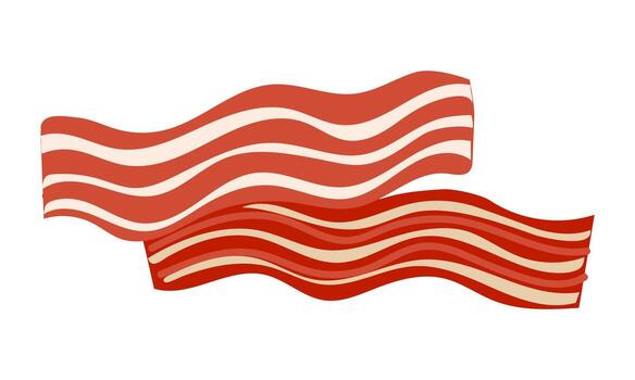 Two strips of bacon, one covering the other. Fresh bacon, thin slices. Top view. Flat color isolated illustration. Breakfast food with scrambled eggs, slices on burger, and other dishes. Meat product vector