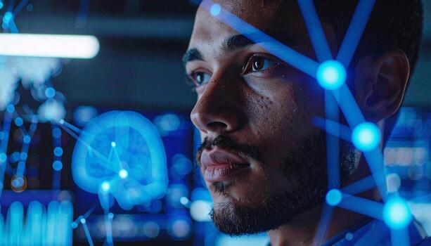 Data scientist using augmented reality AI interface, photo