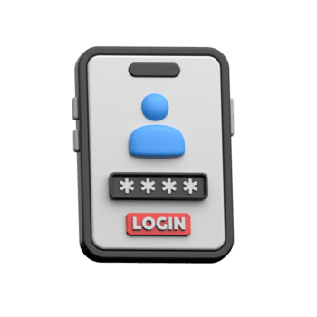 A stylized, 3D render of a smartphone screen displaying a login interface. png