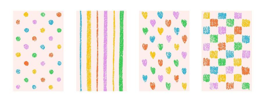 Hand drawn crayon textures pattern set. Childish colorful freehand scribble and shapes background. Collection of design elements lines, dots, grid, hearts vector